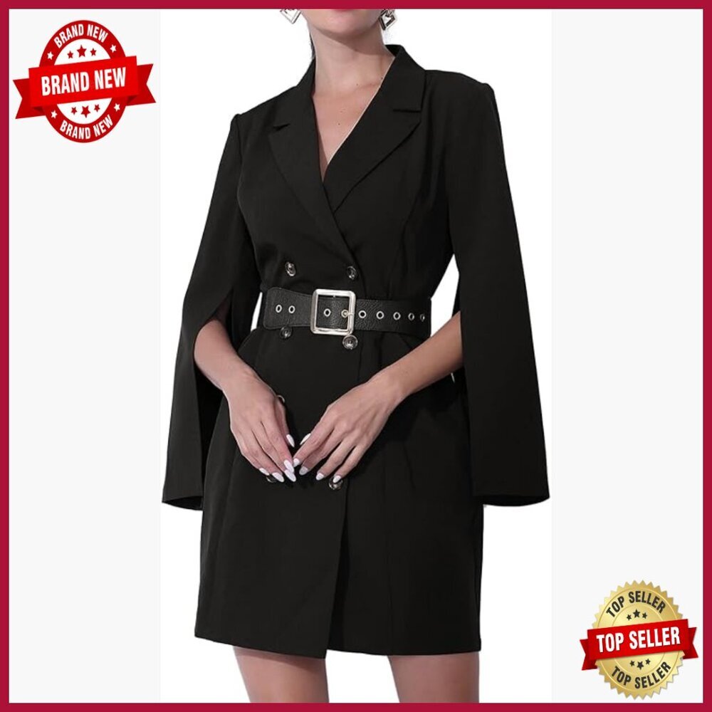 Double Breasted Blazer Dress with Slit Sleeves and Adjustable Belt